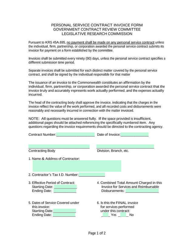 PERSONAL SERVICE CONTRACT INVOICE FORM screenshot