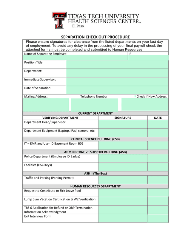 Separation Check Out Procedure screenshot