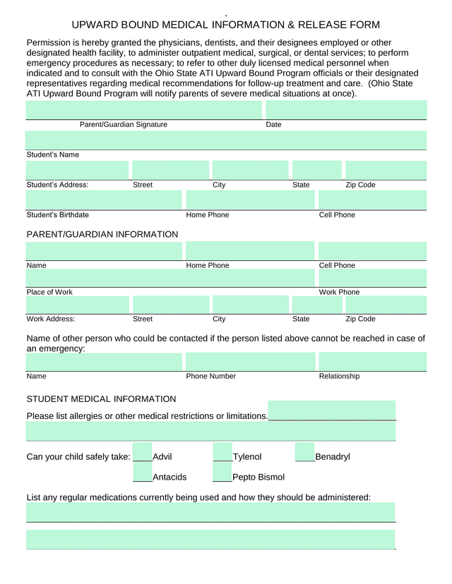 Upward Bound Medical Information  Release Form screenshot