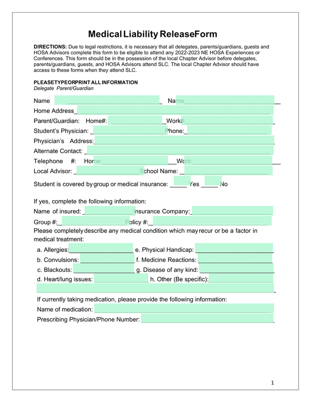 Medical Liability Release Form screenshot