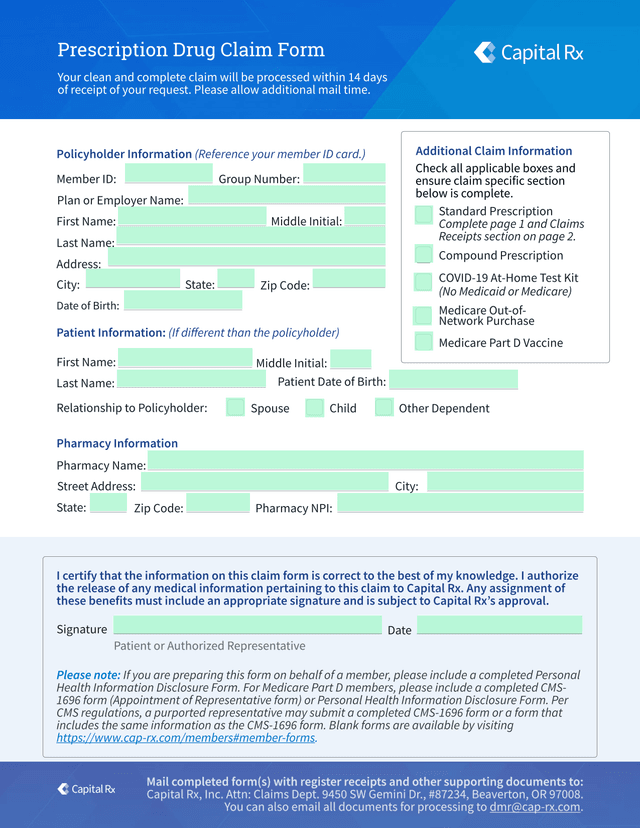 Prescription Drug Claim Form screenshot
