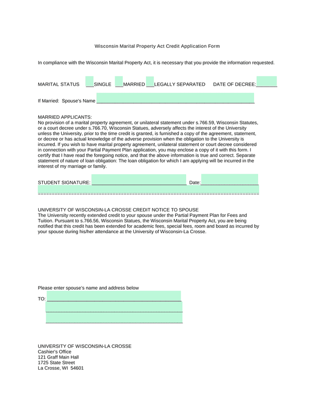 Wisconsin Marital Property Act Credit Application Form screenshot