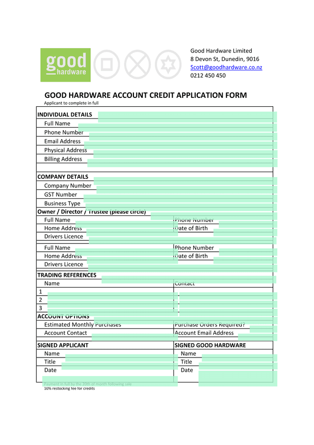Good Hardware Account Credit Application Form screenshot