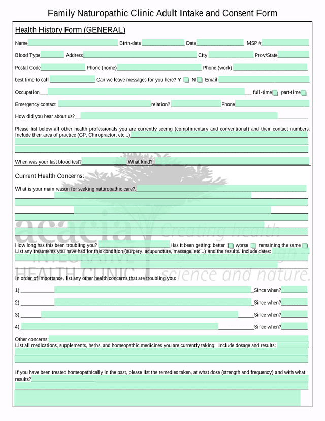 Family Naturopathic Clinic Adult Intake And Consent Form screenshot