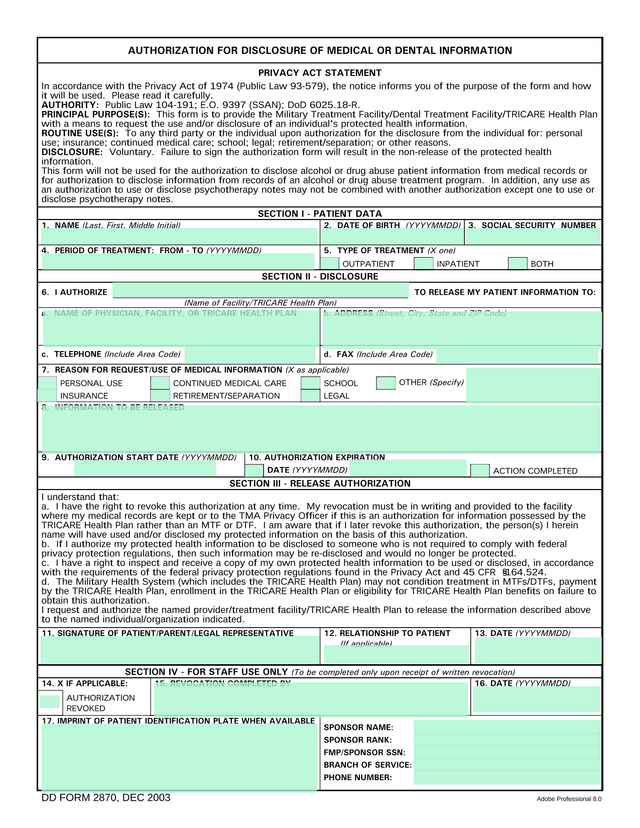 Authorization For Disclosure Of Medical Or Dental Information screenshot