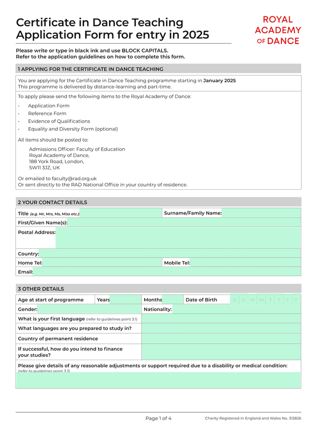 Certificate In Dance Teaching Application Form screenshot