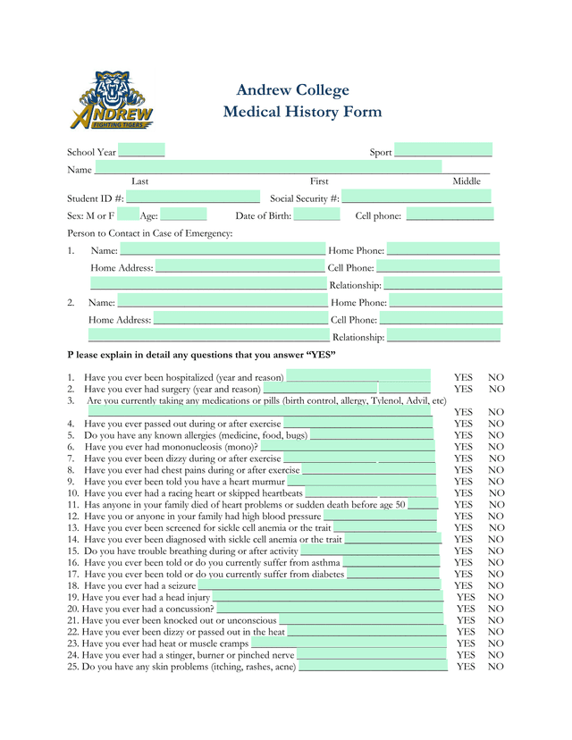 Andrew College Medical History Form screenshot