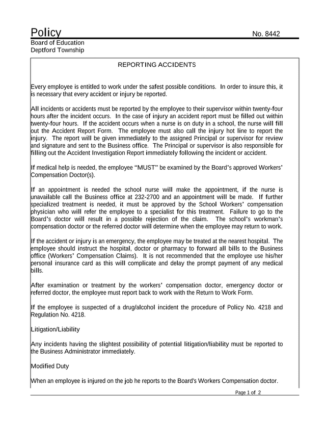 Policy No. 8442 Reporting Accidents screenshot