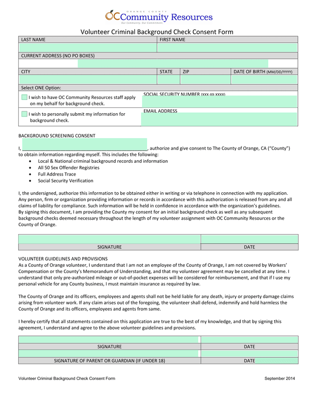 Volunteer Criminal Background Check Consent Form screenshot