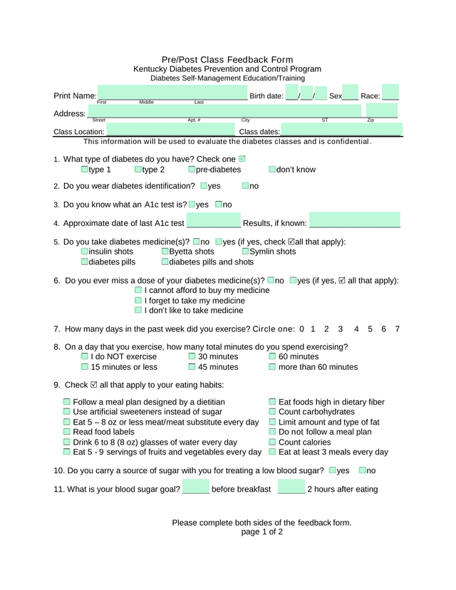 PrePost Class Feedback Form screenshot