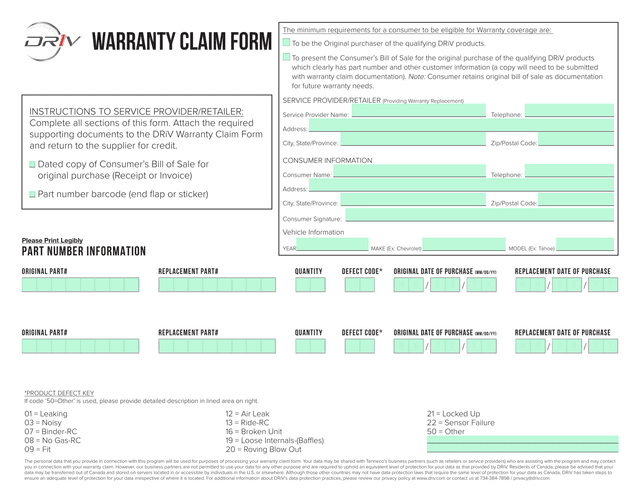 Warranty Claim Form screenshot