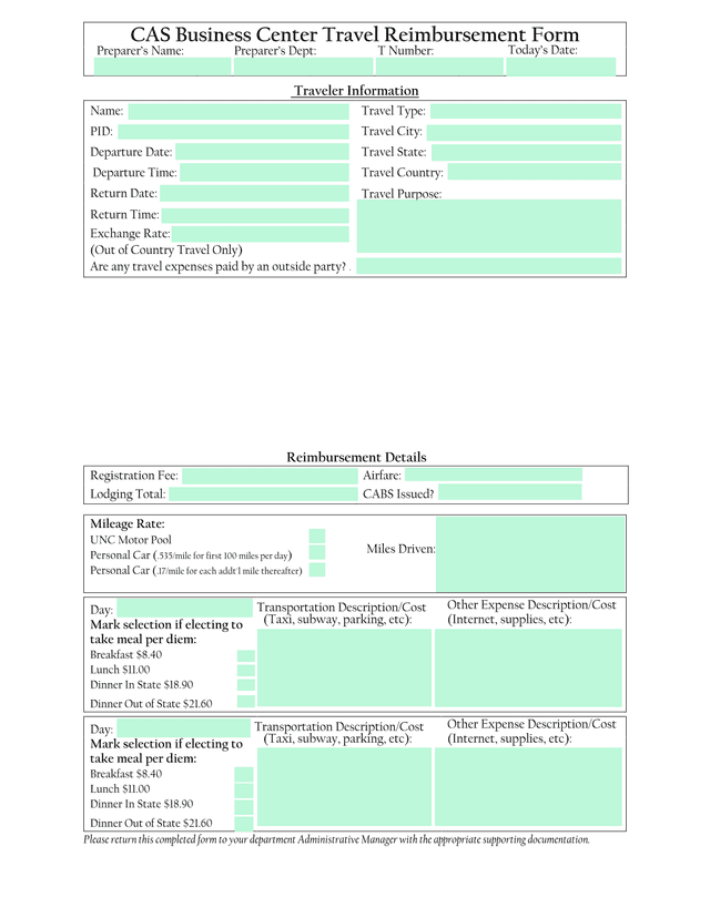 CAS Business Center Travel Reimbursement Form screenshot