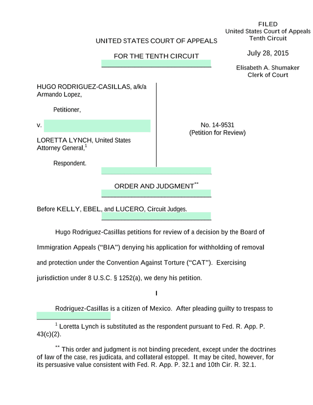 United States Court Of Appeals Order And Judgment   Rodriguez Casillas V. Lynch screenshot