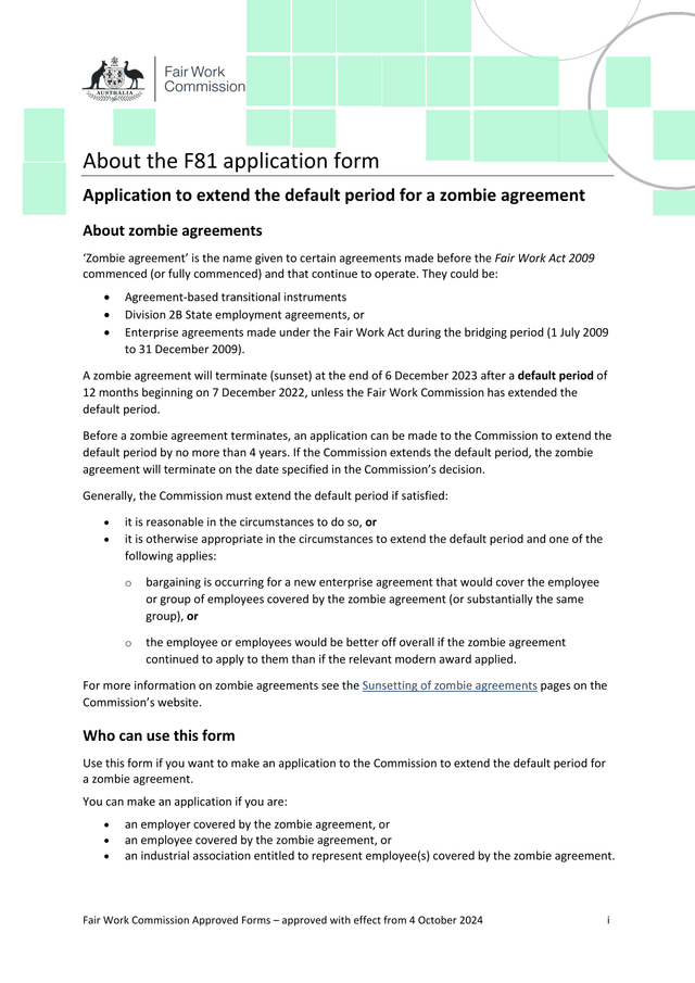 F81 Application Form Application To Extend The Default Period For A Zombie Agreement screenshot
