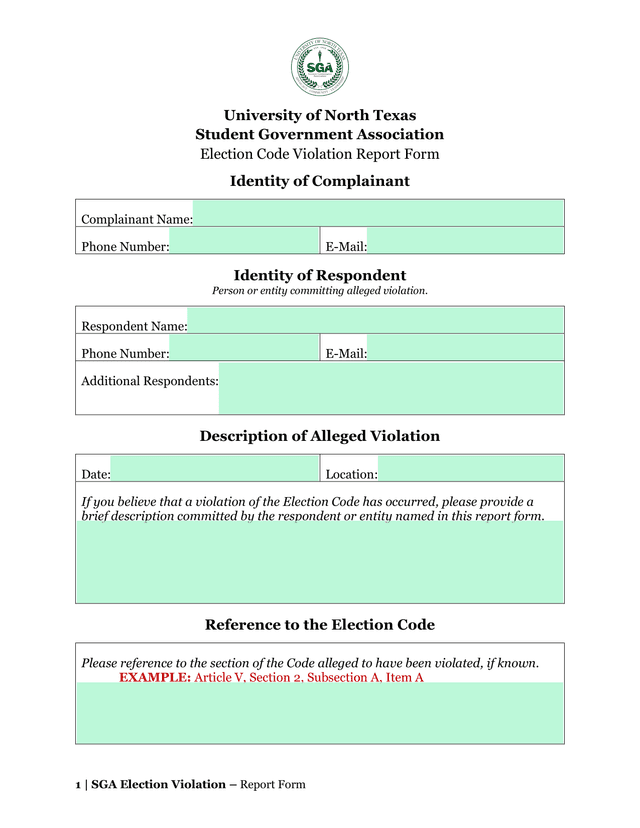 Student Government Association Election Code Violation Report Form screenshot