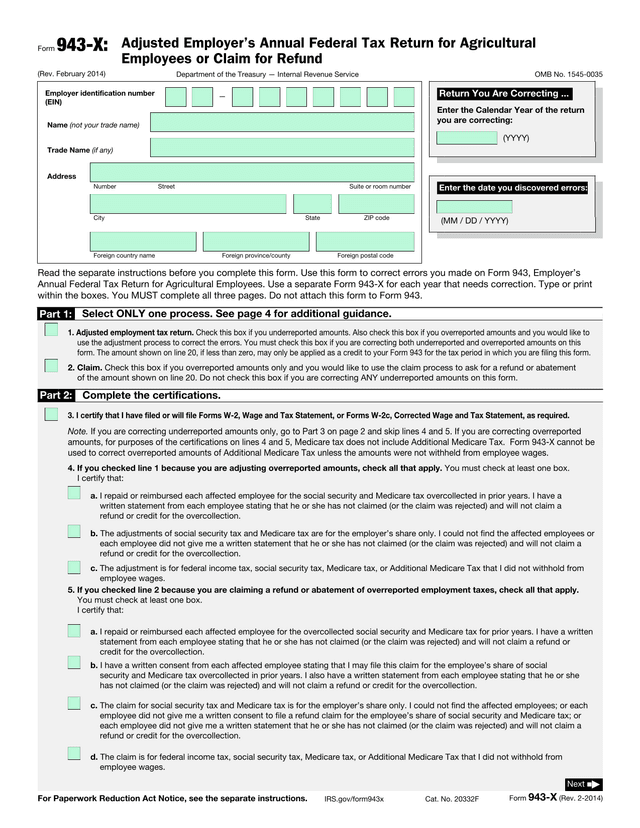 Form 943 X (Rev. February 2014) screenshot
