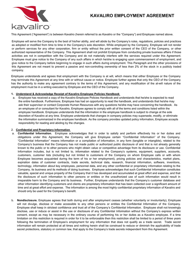 KAVALIRO EMPLOYMENT AGREEMENT screenshot