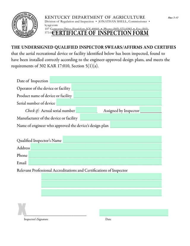 Certificate Of Inspection Form screenshot