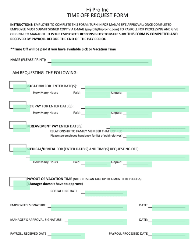 Time Off Request Form screenshot