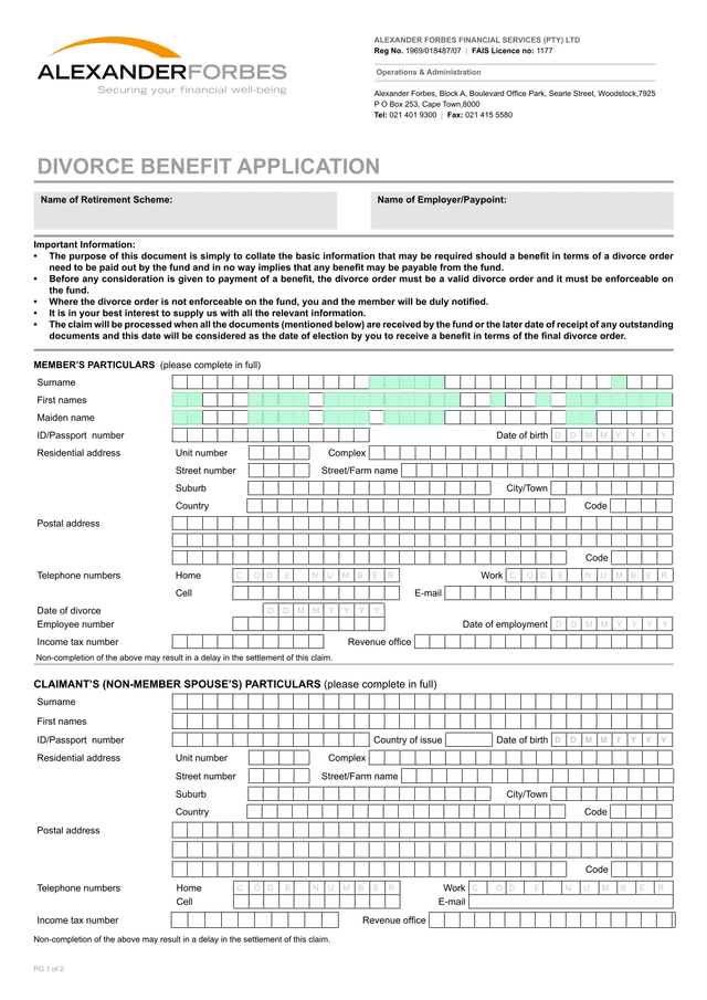 Retirement Scheme Divorce Benefit Information Form screenshot
