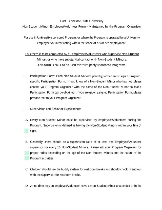 Non Student Minor EmployeeVolunteer Form screenshot