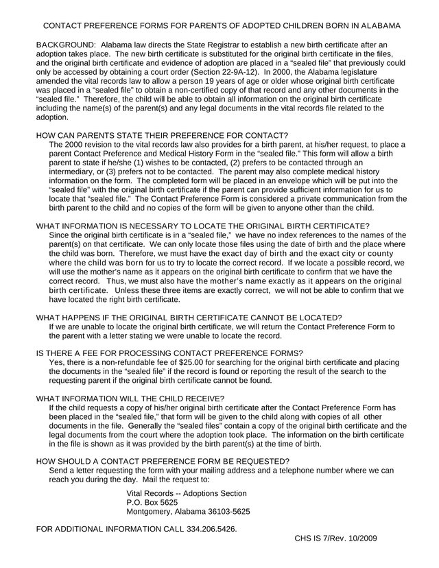 Contact Preference Forms For Parents Of Adopted Children Born In Alabama screenshot