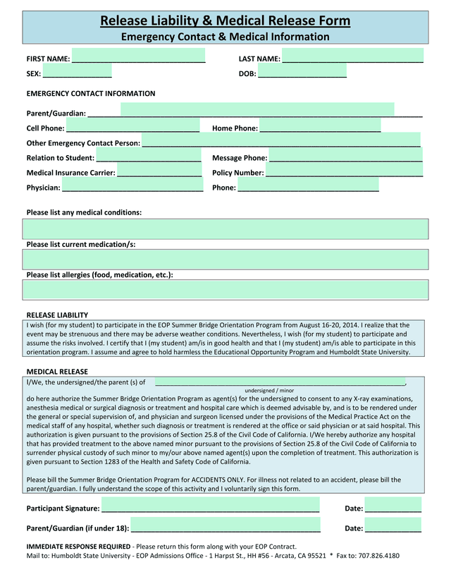 Release Liability  Medical Release Form screenshot