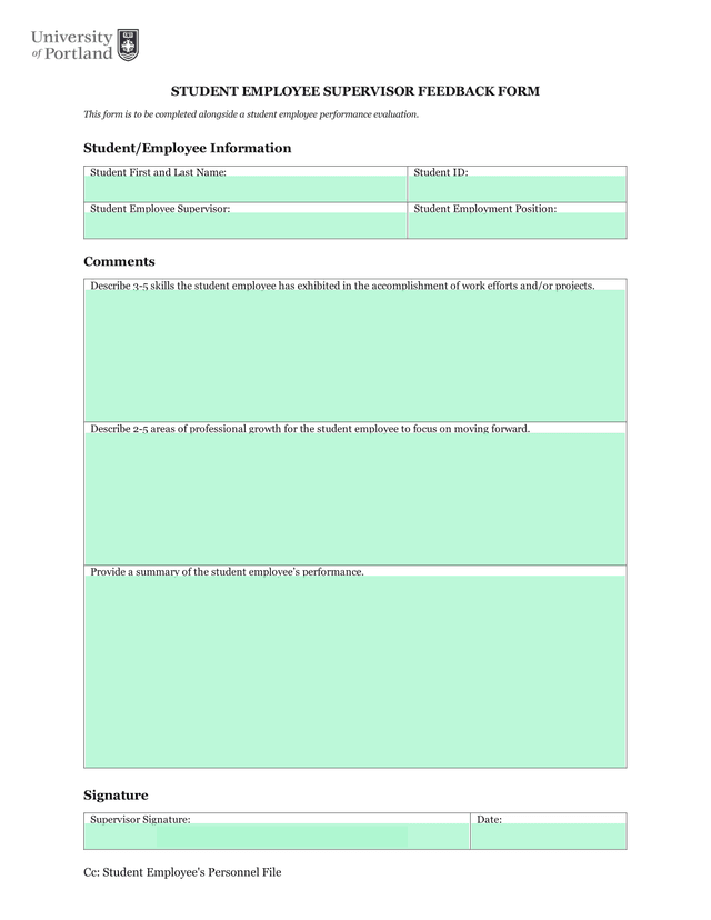 STUDENT EMPLOYEE SUPERVISOR FEEDBACK FORM screenshot