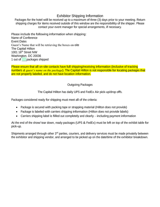 Exhibitor Shipping Information screenshot