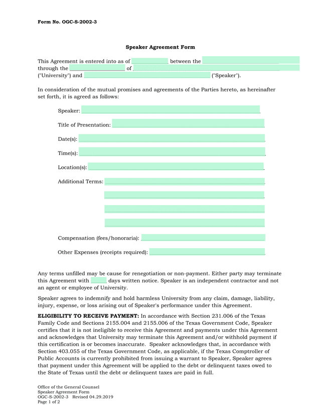 Speaker Agreement Form screenshot