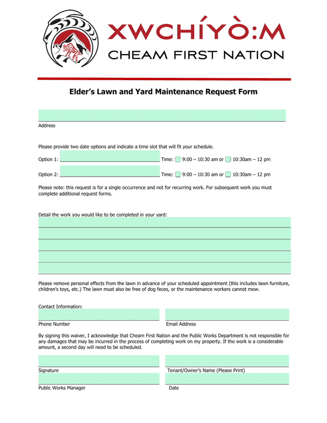 ElderS Lawn And Yard Maintenance Request Form screenshot
