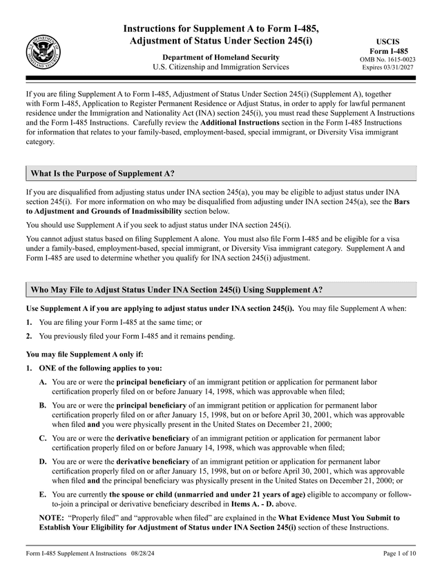 Instructions For Supplement A To Form I 485, Adjustment Of Status Under Section 245(I) screenshot