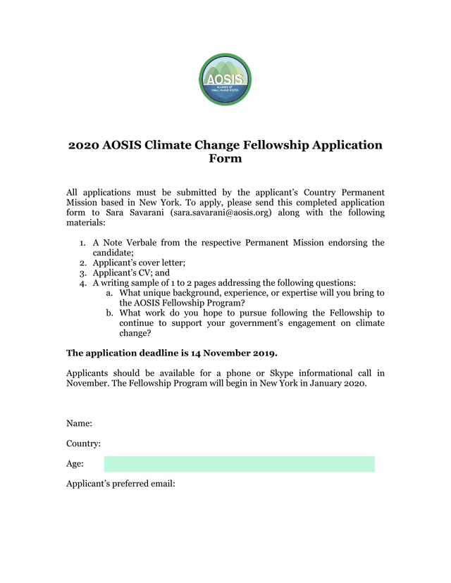 2020 AOSIS Climate Change Fellowship Application Form screenshot