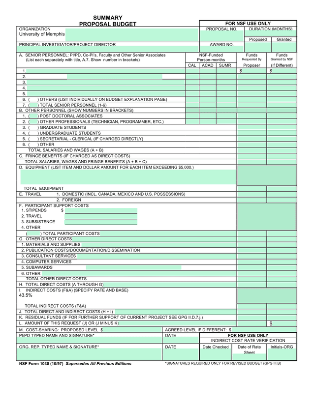 NSF Proposal Budget screenshot