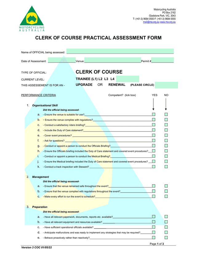 Clerk Of Course Practical Assessment Form screenshot