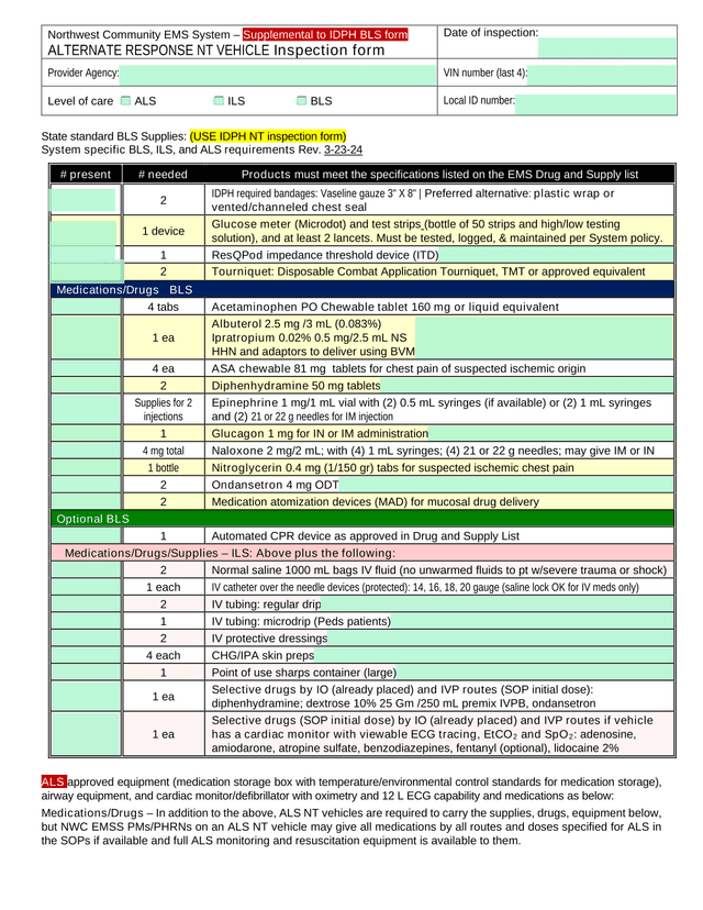 Northwest Community EMS System  Supplemental To IDPH BLS Form ALTERNATE RESPONSE NT VEHICLE Inspecti screenshot