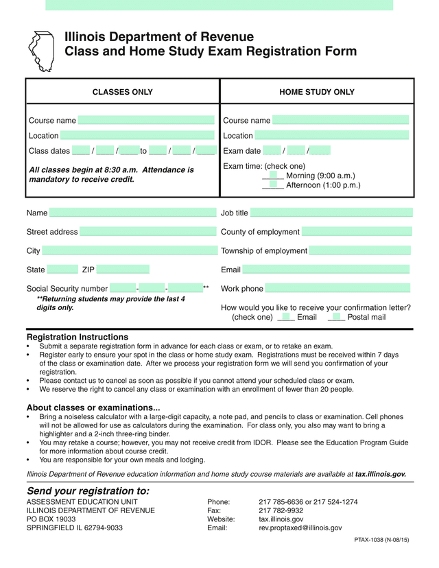 Illinois Department Of Revenue Class And Home Study Exam Registration Form screenshot