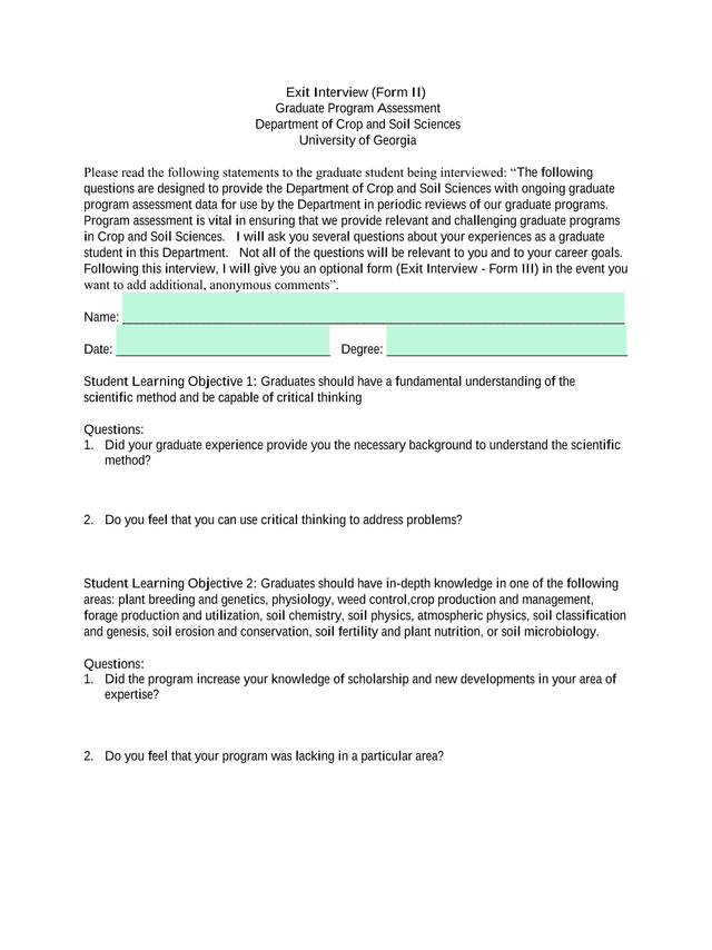 Exit Interview (Form II) Graduate Program Assessment screenshot