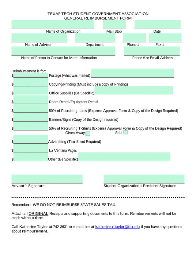 Texas Tech Student Government Association General Reimbursement Form screenshot