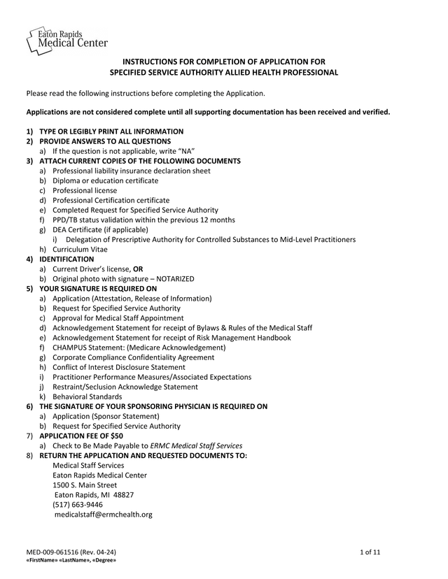 Instructions For Completion Of Application For Specified Service Authority Allied Health Professiona screenshot