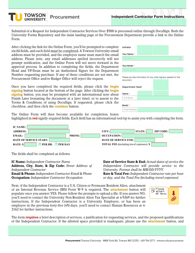 Independent Contractor Form Instructions screenshot