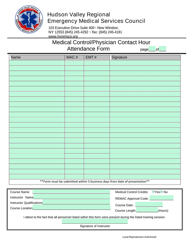 Medical ControlPhysician Contact Hour Attendance Form screenshot