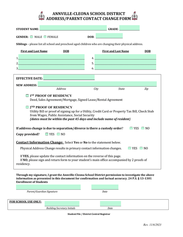 ANNVILLE CLEONA SCHOOL DISTRICT ADDRESSPARENT CONTACT CHANGE FORM screenshot