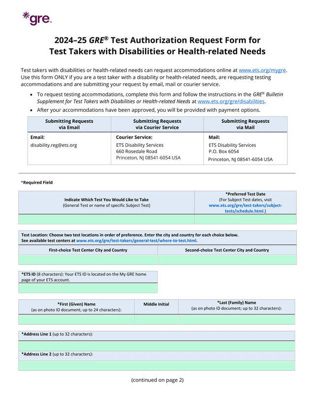 202425 GRE Test Authorization Request Form For Test Takers With Disabilities Or Health Related Needs screenshot