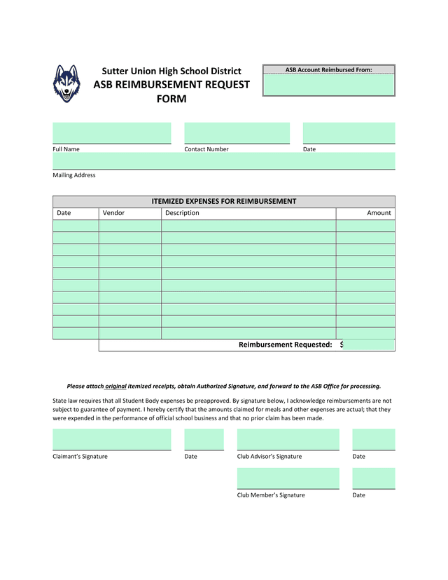 ASB REIMBURSEMENT REQUEST FORM screenshot