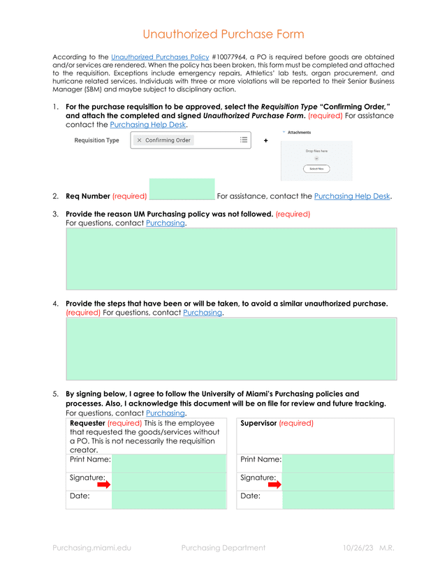 Unauthorized Purchase Form screenshot