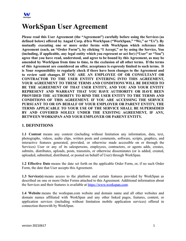 WorkSpan User Agreement screenshot