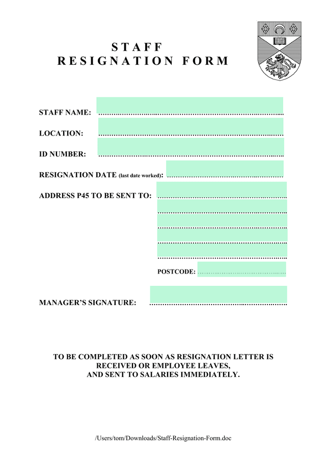Staff Resignation Form screenshot