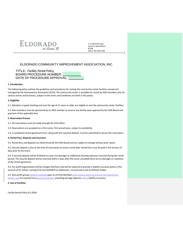 Facility Rental Policy screenshot