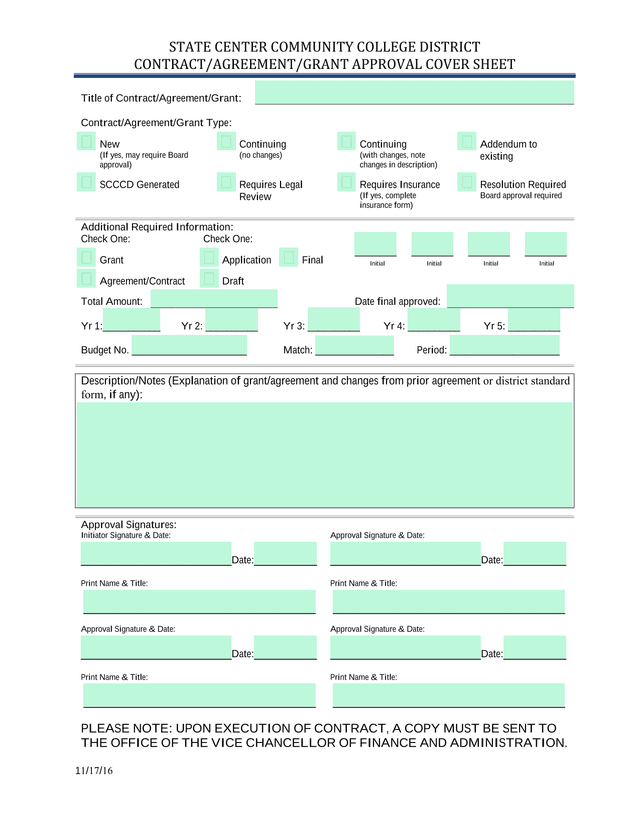 STATE CENTER COMMUNITY COLLEGE DISTRICT CONTRACTAGREEMENTGRANT APPROVAL COVER SHEET screenshot
